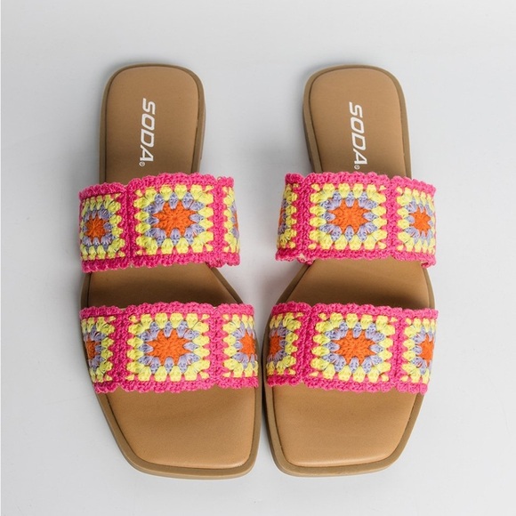 Soda Shoes - Soda Womens Crochet Slide Sandals Size 7.5 Pink Yellow Boho Chic Square Toe